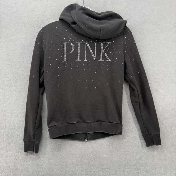 PINK Victoria's Secret Rhinestone Zip Up Hoodie Lightweight Sweatshirt Black XS - Picture 1 of 10